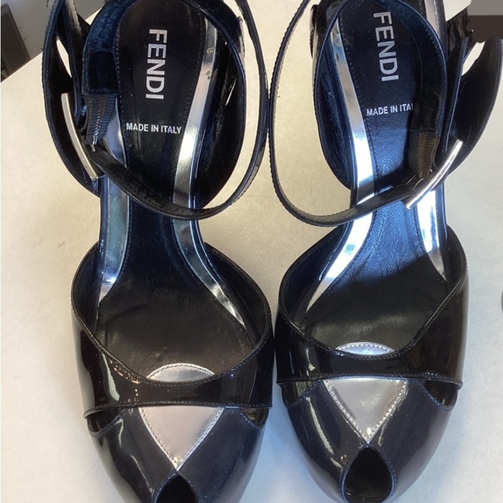 FENDI Elegant Black Patent Leather High Heel Sandals
